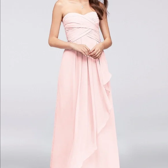 Davids Bridal  Strapless Crinkle Chiffon Dress with Cascade Skirt in Petal